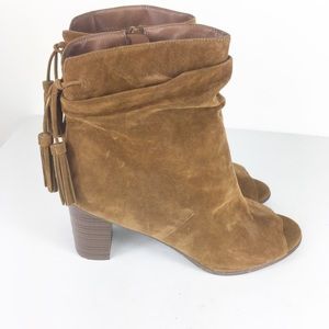 Breckelles Brown Suede Peep Toe Stacked Heels
